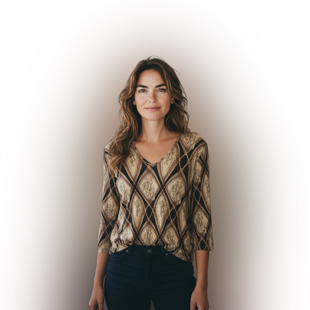 Brittany Black Diamond Pattern Blouse in Beige and Black